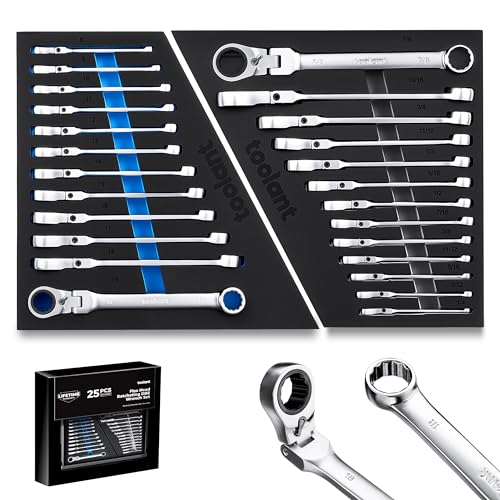 Image of toolant 25pcs Ratcheting Wrench Set, Reversible Flex Head & Offset Head Double Box-End Ratcheting Wrench Set, 8-19mm & 1 /4 inch-7 /8 inch Set, 90-Teeth and 4 Swing, with Storage Tray