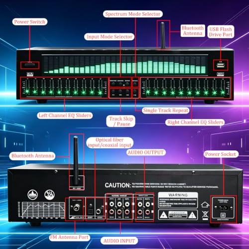 Ecualizador Gráfico Estéreo, Ecualizador Digital con Bluetooth 5.4, Pantalla LED Dinámica de Espectro, Reducción de Ruido, Decodificador Óptico y Coaxial para Home Theater, Estudio de Grabación, Escenario y Concierto miniatura 3