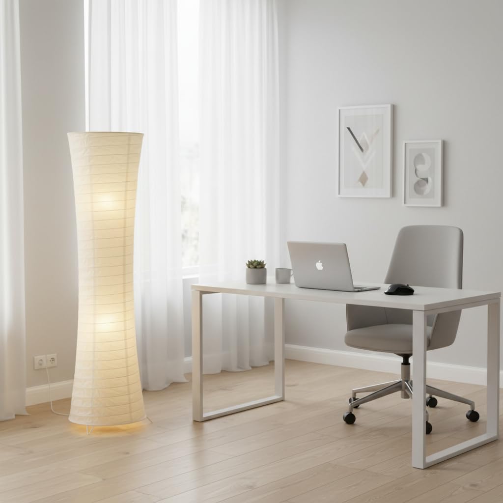 Trango Design Reispapier Stehlampe 1229L *SWISS* Reispapierlampe *HANDMADE* Stehleuchte mit weißem Lampenschirm inkl. 2x E14 LED Leuchtmittel, Form: Rund, Höhe: 125cm, Wohnraumlampe, Standlampe