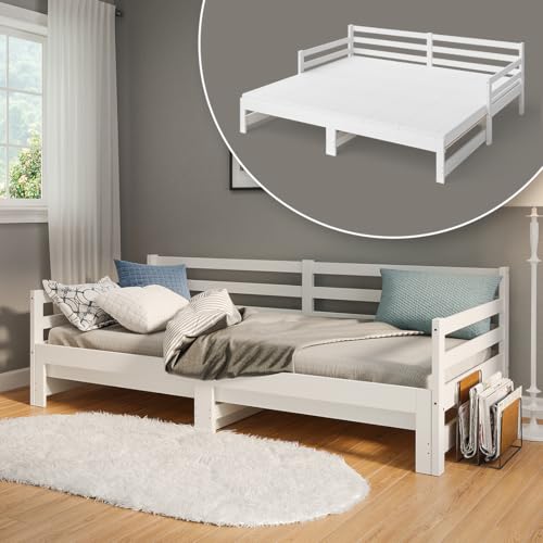 Bellamio Tagesbett Ayr, Gästebett 90x200 cm mit Ausziehfunktion, Bettgestell in weiß, Schlafsofa aus Kiefer Massivholz lackiert