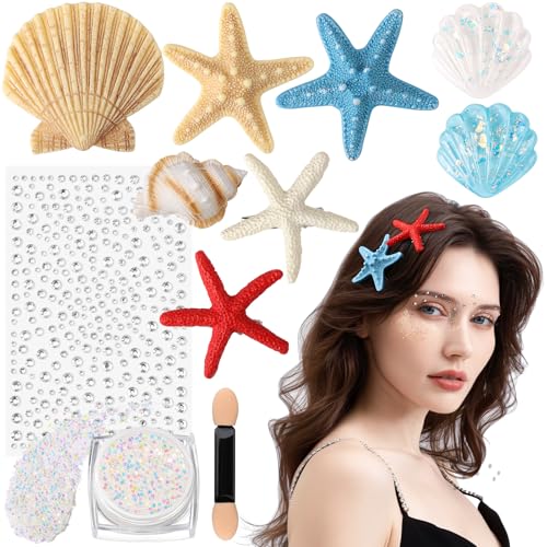 YGDZ Mermaid Accesorios para el Cabello, Broches de Estrella de Mar, Broche de Concha Marina, Purpurina para Cara y Cuerpo, Gemas para Cara, para Disfraz de Sirena para Mujer, Atuendo de Sirena de Halloween miniatura 1