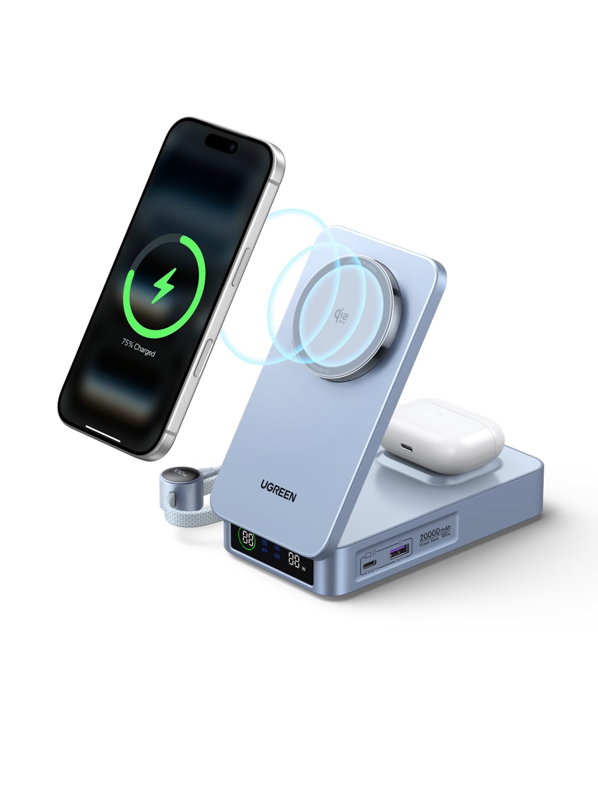 UGREEN MagFlow 2 IN 1 Qi2 25W Batteria Esterna Magsafe 20000mAh USB C 100W | Power Bank Wireless Caricatore Portatile Magnetico Ricarica Rapida Schermo TFT Compatibile con iPhone 17 16 15 14 13 AirPods