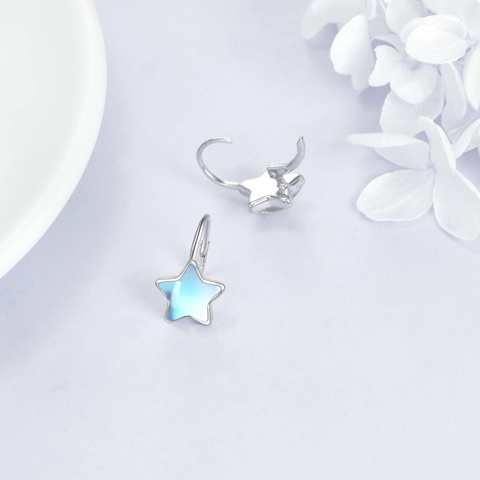 Stern Mondstein Ohrringe für Damen Sterling Silber Pentagramm Mondstein Creolen