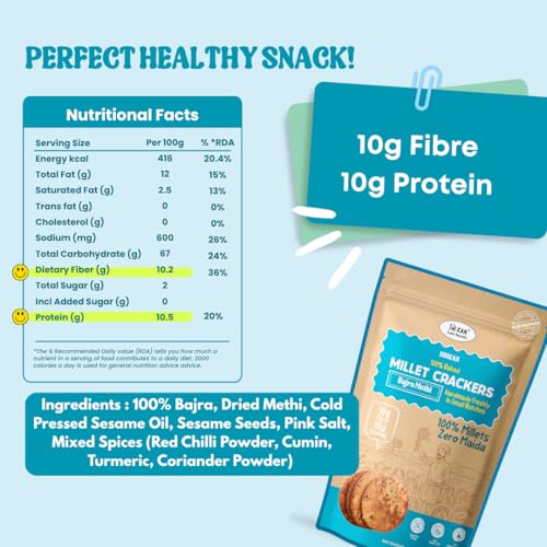 Image of NIHKAN Bajra Millet Crackers - Gluten free | No Maida | High protein | High Fibre - Handmade & baked | Healthy Millet snack | Chai time guilt free snacks - No Preservatives & No Baking soda - 100g (Bajra Methi Flavour)