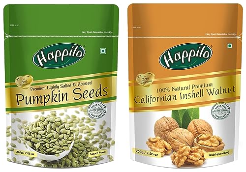 Image of Happilo Natural Premium Californian Inshell Dried Walnuts, 200g & Premium Roasted Pumpkin Seeds for Eating 200g, Lightly Salted for Healthy Diet, Immunity Booster and Fiber Rich Superfood