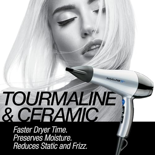 BaBylissPRO TT Tourmaline and Ceramic Hair Dryer with Diffuser and Concentrator Nozzle, 1875 watts Blow Dryer with 2 speeds and 3 heat settings-BTM5559C