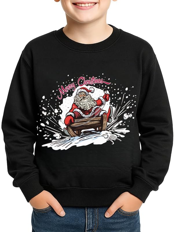 Kids Santa Claus Sleigh Sweatshirt Boys Girls Ugly Merry Christmas Long Sleeve Black Shirt 7-8 Years
