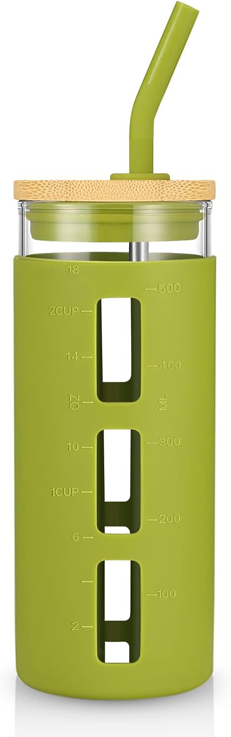 tronco Glass Tumbler with Bamboo Lid and Straw,20OZ Reusable Iced Coffee Cup,Smoothie Cups,Glass Travel Water Bottle,See Through Silicone Sleeve With Measurement,Dishwasfer Safe,Spill Proof