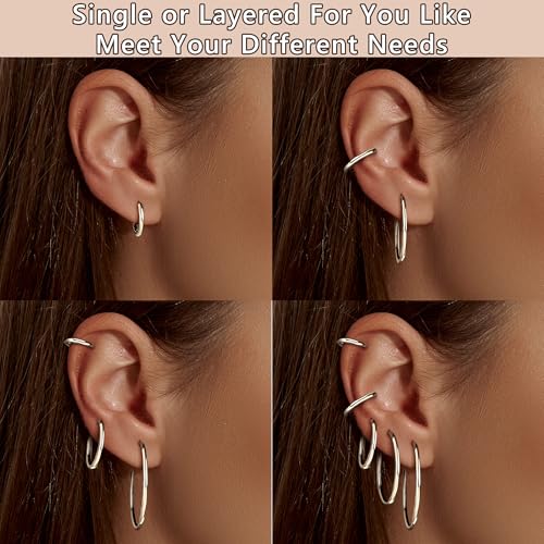 FUNRUN JEWELRY 5 Pairs 925 Sterling Silver Hoop Earrings for Women-Small 14K Gold Silver Hoops Earrings,Hypoallergenic Silver Hoop Earring for Women-Medium Big Hoops Stack Earring 10/14/20/30/40mm4