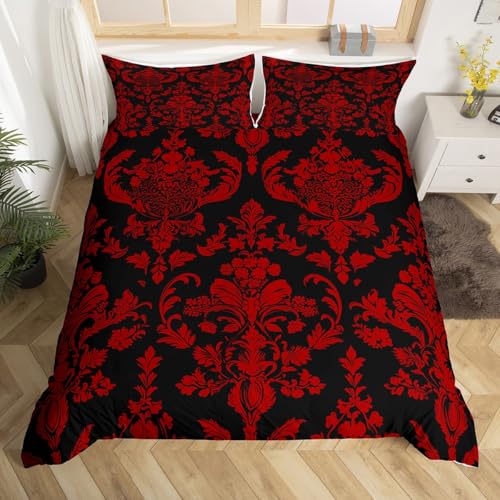 richhome Rouge Noir Vintage Damask Floral Housse de Couette 240x260cm Oriental Antique Parure de Lit pour Chambre Salon Gothique Bohême Floral Literie Set Luxe