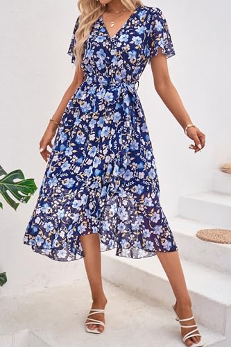 PRETTYGARDEN Women's Summer Floral Boho Maxi Dress Wrap Short Sleeve V Neck Ruffle A-Line Flowy Wedding Guest Long Dresses