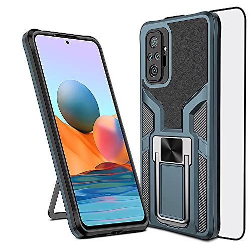 for XiaoMi RedMi Note 10 Pro 4G Case with Tempered Glass Screen Protector, Military-Grade Shockproof Armor Protective Kickstand Defender case Cover Ring Holder Work with Magnetic car Mount (Cyan)