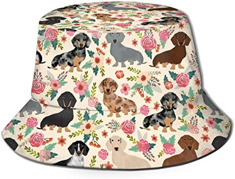 Dogs Pink Flowers Bucket Hat, UV Sun Protection Packable Travel Summer Boonie Cap for Men Women