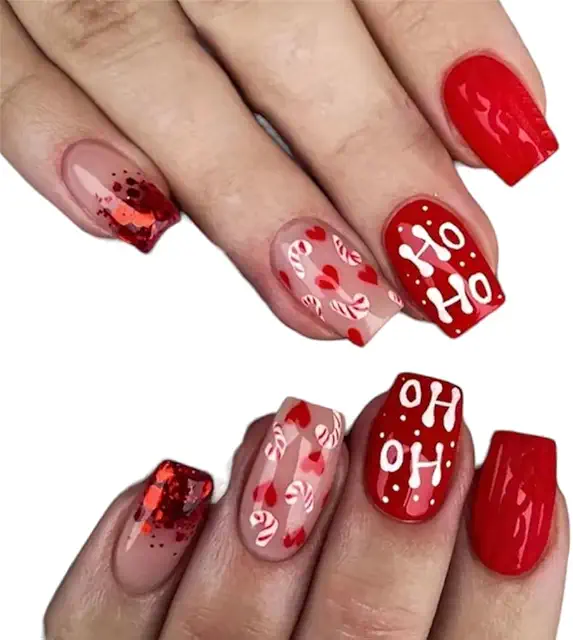 Red Christmas Press-On Nails - 24 Festive False Nails with Glitter & Ho Ho Ho Designs