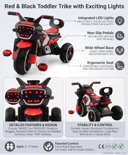Image of SRECAP Kids Pedal Tricycle with Push Handle | Toddler Trike with Headlight, Music, EVA Wheels & Curved Seat with Backrest | 15 Months-3 Years (Red)