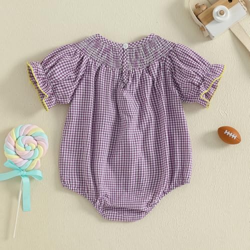 Kuriozud Newborn Baby Girl Football Outfit Smocked Ruffle Romper Short Sleeve Jumpsuit Cute Baby Girl Clothes4