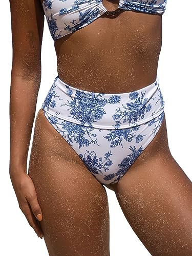 Women's Floral High Cut Wide Waistband Ribbed Tummy Control Coverage Bikini Bottom
