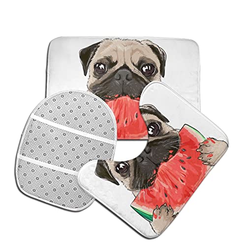 DIRYKILP Badematte + Konturmatte + Toilettendeckelbezug, Mops Eats Wassermelone 3 Stück Badematten Set, mit rutschfester Klebeunterseite – Bild 5