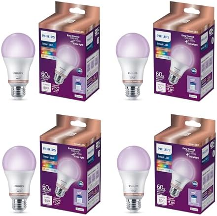 Philips Smart LED Full Color Light Bulb 4-Pack, A19 60W 800LM E26...