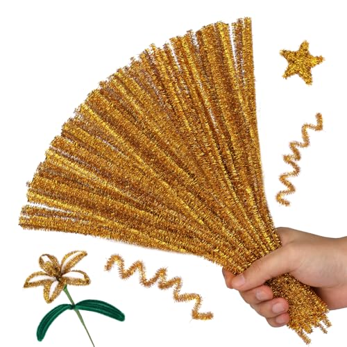 Image of 100PCS Pipe Cleaners Glitter Golden Chenille Stems Craft Supplies | Pipe Cleaners Craft Supplies, Pipe Cleaners Bulk Fuzzy Sticks for DIY Art and Craft Projects Home Decoration