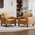 MALOL PU Leather Accent Chair Set of 2, Mid-Century Modern Living Room Armchair Sofa with Removable Cushions, Solid Wood Frame & Stitched Armrest Design, Bedroom Chair with Plastic Legs, Brown