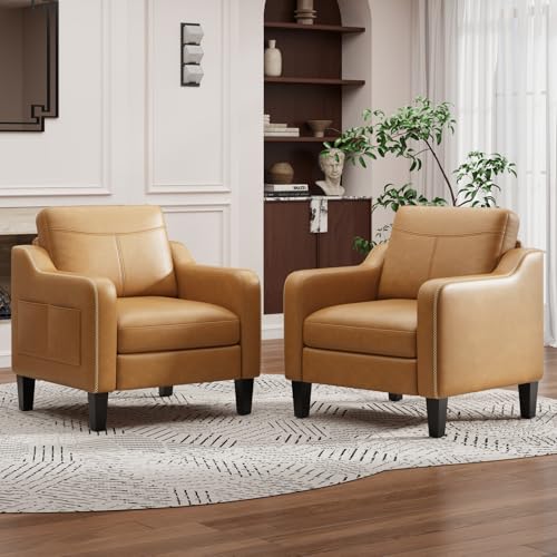 MALOL PU Leather Accent Chair Set of 2, Mid-Century Modern Living Room Armchair Sofa with Removable Cushions, Solid Wood Frame & Stitched Armrest Design, Bedroom Chair with Plastic Legs, Brown