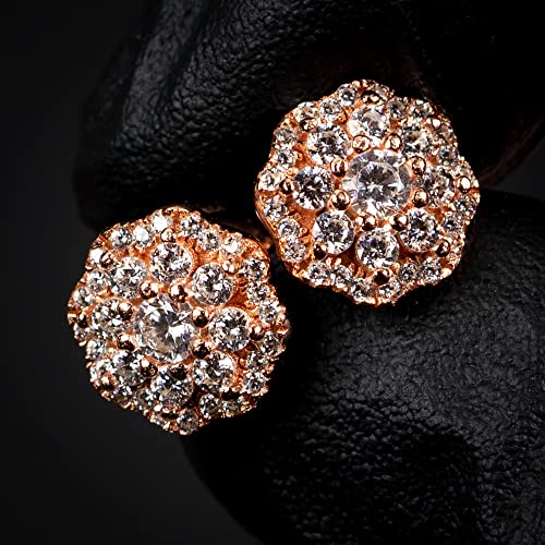 Women’s Men’s Pink Rose Gold Plated 925 Sterling Silver Iced CZ Circle Flower Cluster Hypoallergenic Round Hip Hop Trendy Fashion Cubic Zirconia Stud Screw Back Earrings2