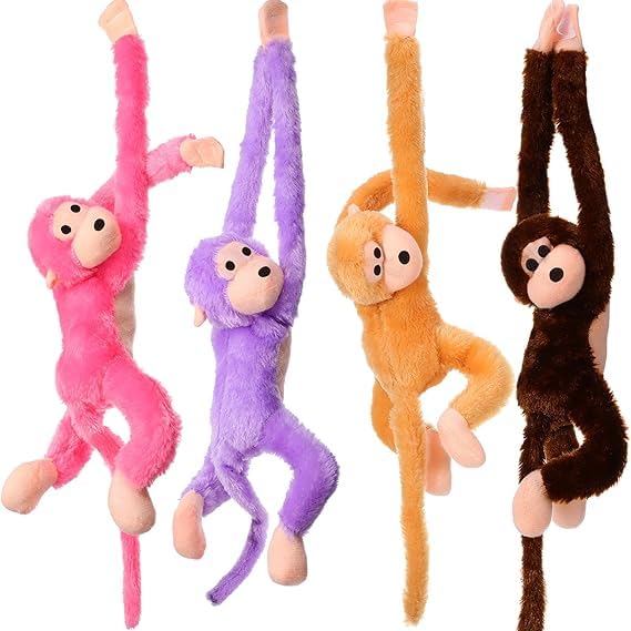 Hanging Monkey Stuffed Animal, 27.5 Inch Interactive Plush Monkey Toy with Sound & Long Arms for Curtain Tie-Back, Kids Room Decor (Coffee+Yellow+Purple +Pink)