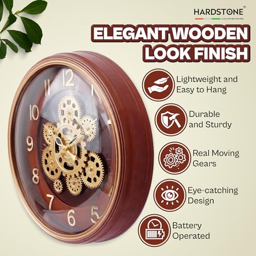 Image of HARDSTONE 16-Inch Moving Gear Wall Clock with Real Rotating Gears, Elegant Wooden Look Finish, Brown, Vintage Decor for Living Room & Office, Battery Operated Large Display