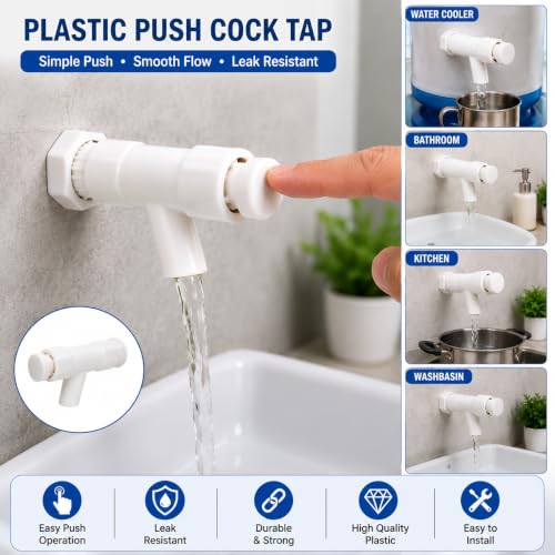 Image of NEW WARE Plastic Push Cock Tap | Push Type Water Tap for Water Cooler, RO, Wash Basin, Bathroom & Kitchen | Self Closing Press Tap | Leak Resistant PTMT Faucet for Home, Office & Commercial Use