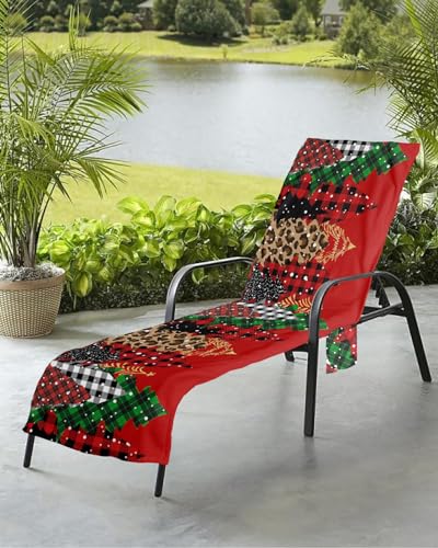 Christmas Tree Beach Chair Towel Covers for Chaise Lounge With Side Pocket, Soft Plush Pool Towels Cover for Patio Sunbathing Outdoor 29''x85'' Red Buffalo Plaid Green Leopard Dot