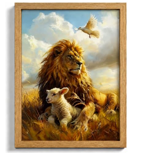 Brown Solid Wood Frame Christian Lion and Lamb Canvas Wall Art 8x10in