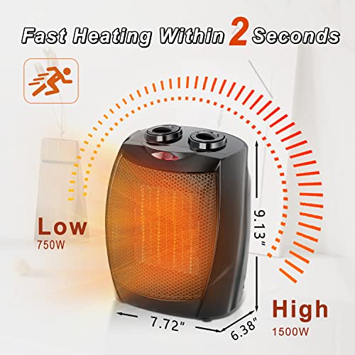 Kismile Small Space Heater Electric Portable Heater Fan For Home And Office Ceramic Fan Heaters With Adjustable Thermostat, 750W/1500W (8.1 Inch, Black) #TOP4