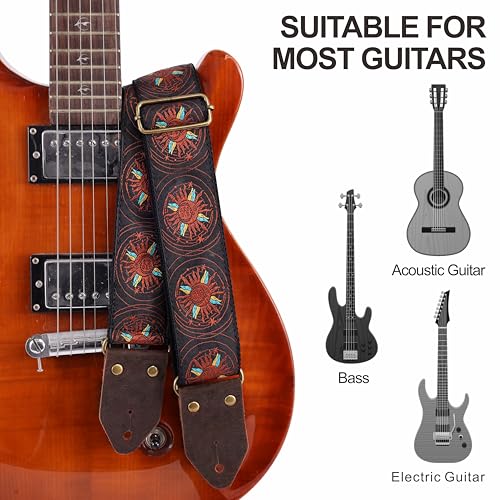 Image of Nefelibata Guitar Strap,Jacquard Embroidery Cotton Guitar Straps with Crazy Horse Leather Ends for Bass, Electric & Acoustic, Best Gifts for Kids, Guitarists(Orange Sun Embroidery)