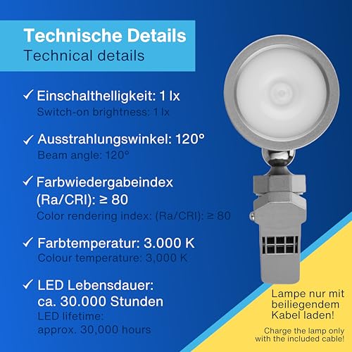 REV Lampa ścienna LED z akumulatorem i czujnikiem ruchu, 180 lm, bezprzewodowa, ściemniana, obracana o 360°, idealna na kemping, do garażu, piwnicy, IP54, srebrna