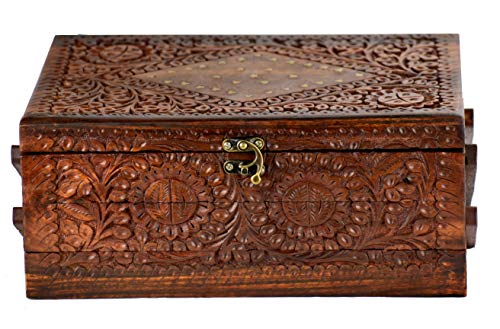 Hand Carved Traditional Style Wooden Jewelry Box, Brass Engraved. Finished with Velvet. Pakistani Artisan work - 12x8x5 Hand Carved Traditional Style Wooden Jewelry Box, Brass Engraved. Finished with Velvet. Pakistani Artisan work - 12x8x5