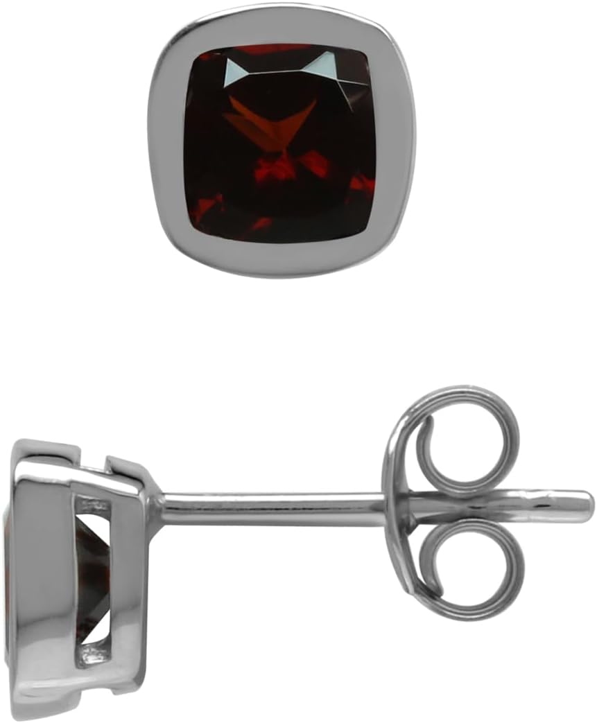 Silvershake 5MM Cushion Shape Birthstone Gemstones White Gold Plated or Yellow Gold Plated 925 Sterling Silver Bezel Set Stud Post Earrings Jewelry for Women or Teens First or Second Hole Piercing