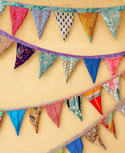 Handmade Multicolor Vintage Sari Bunting – 18-20 Triangle Flags, ...