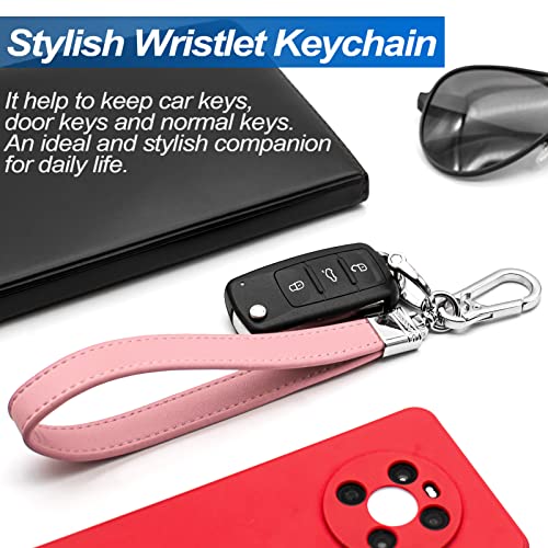 Infipar Car Fob Key Chain Genuine Leather Wristlet Strap Keychains Holder For Men And Women, 360 Degree Rotatable, With Anti-Lost D-Ring, Carabiner Clip And 4Pcs Key Rings, Pink #TOP1