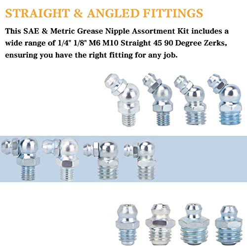 Image of Grease Fittings - 230-Piece SAE & Metric Grease Fittings Kit - 1 /4 inch, 1 /8 inch, M6, M10 - Straight, 45 & 90 Zerk Assortment - Replace Missing or Broken Grease Fittings