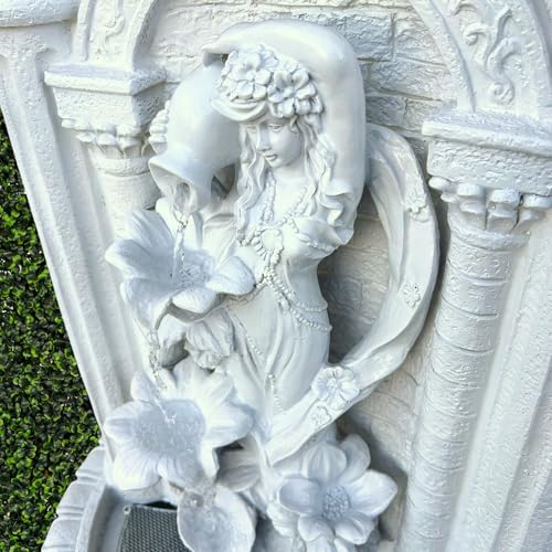 Image of XBrand 30.3 inch Solar-Powered Wall Mounted Water Fountain with Maiden & Floral Detail, Tiered Waterfall Design for Garden, Yard or Courtyard, Durable Polyresin, Antique Stone