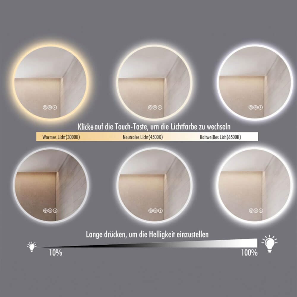 Home Deluxe - LED-Spiegel SILA - 60 cm - Rund - 3 Verschiedene Lichtfarben - Antibeschlagssystem - 38 Watt Gesamtleistung I Wandspiegel Badspiegel Badezimmerspiegel