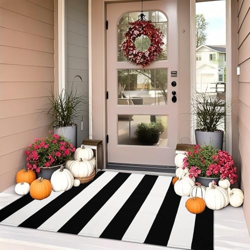 HEHJIPY Black and White Striped Outdoor Rug3x5Front Porch Rug Cotton Woven Machine Washable Indoor/Outdoor Small Area Rugs Layering Rug Door Mats for Front Porch/Entryway/Front Door Decor