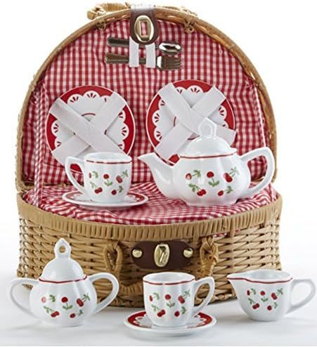 Child's Porcelain Tea Set in Wicker Basket, Real Pouring Teapot, "Red Cherries"