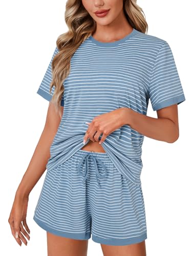 Image of LYANER Pajama Set for Women 2 Piece Lounge Set Striped Crew neck Short Sleeve Tops and Shorts Soft Sleepwear