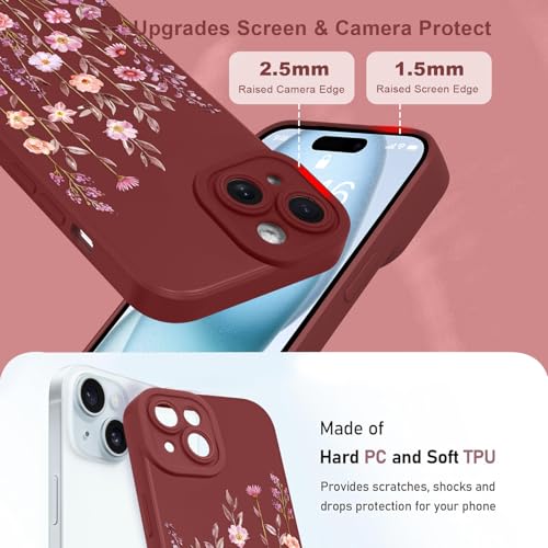 Image of Designed for iPhone 15 Case Flower for Women Girls, Wine Red | Cute Floral Pattern Liquid Silicone Phone Case [Full Camera Protection] Slim Soft TPU Protective Cover