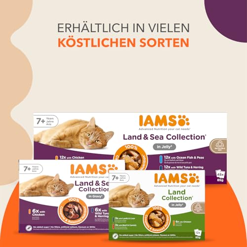 IAMS Delights Land & Sea Collection Senior Katzenfutter Nass - Multipack mit Fleisch und Fisch Sorten in Sauce, Nassfutter für ältere Katzen ab 7 Jahre, 48 x 85 g