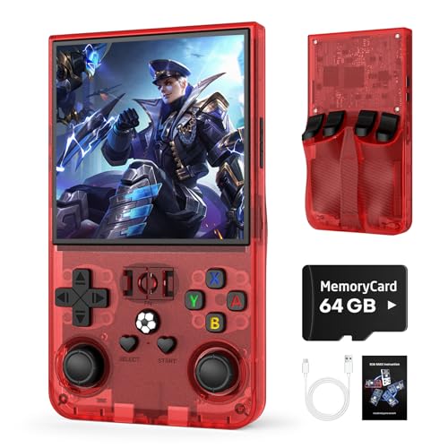 Image of R36MAX Retro Handheld Game Console, 64GB Retro Gaming Console with 4.0 Inch Screen, Portable Video Game Consoles with 4000mAh Battery and Multiple Emulators, Open Linux System (Transparent Red)