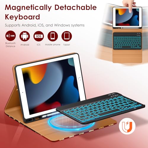 Image of DTTO for iPad 9th /8th /7th Generation 10.2 inch Case 2021 /2020 /2019 with Keyboard, 7 Colors Backlit Wireless Detachable Keyboard Premium Leather Folio Cover with Pencil Holder & Pocket, US Flag