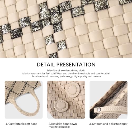 Image of Woven Bag for Women, Large Neoprene Tote Bag Summer Beach Handbag Purse Retro Handmade Travel Shoulder Bag Set